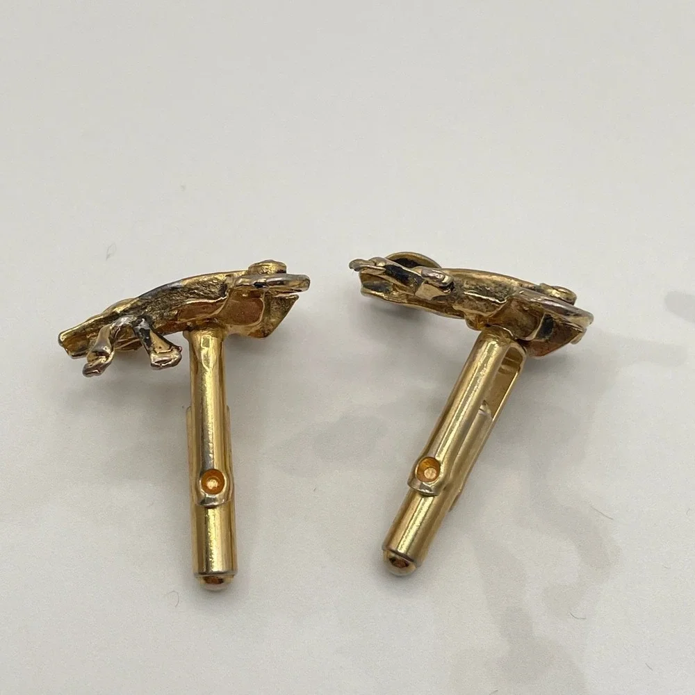 Vintage VTG Novelty Cufflinks Carriage Rickshaw Rider Clear Rhinestone Gold Tone